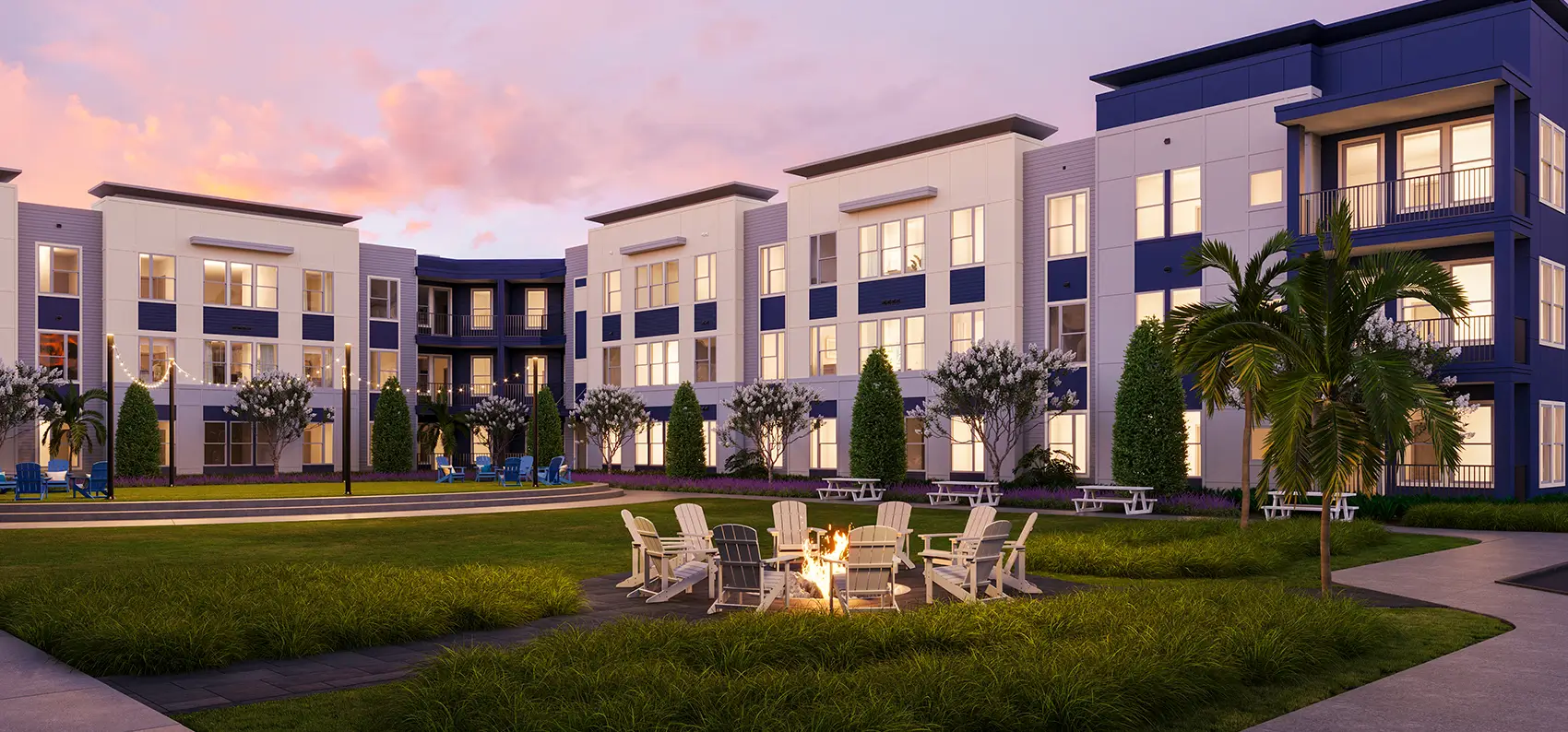 Apartment courtyard with a lounge pit and lounge seating