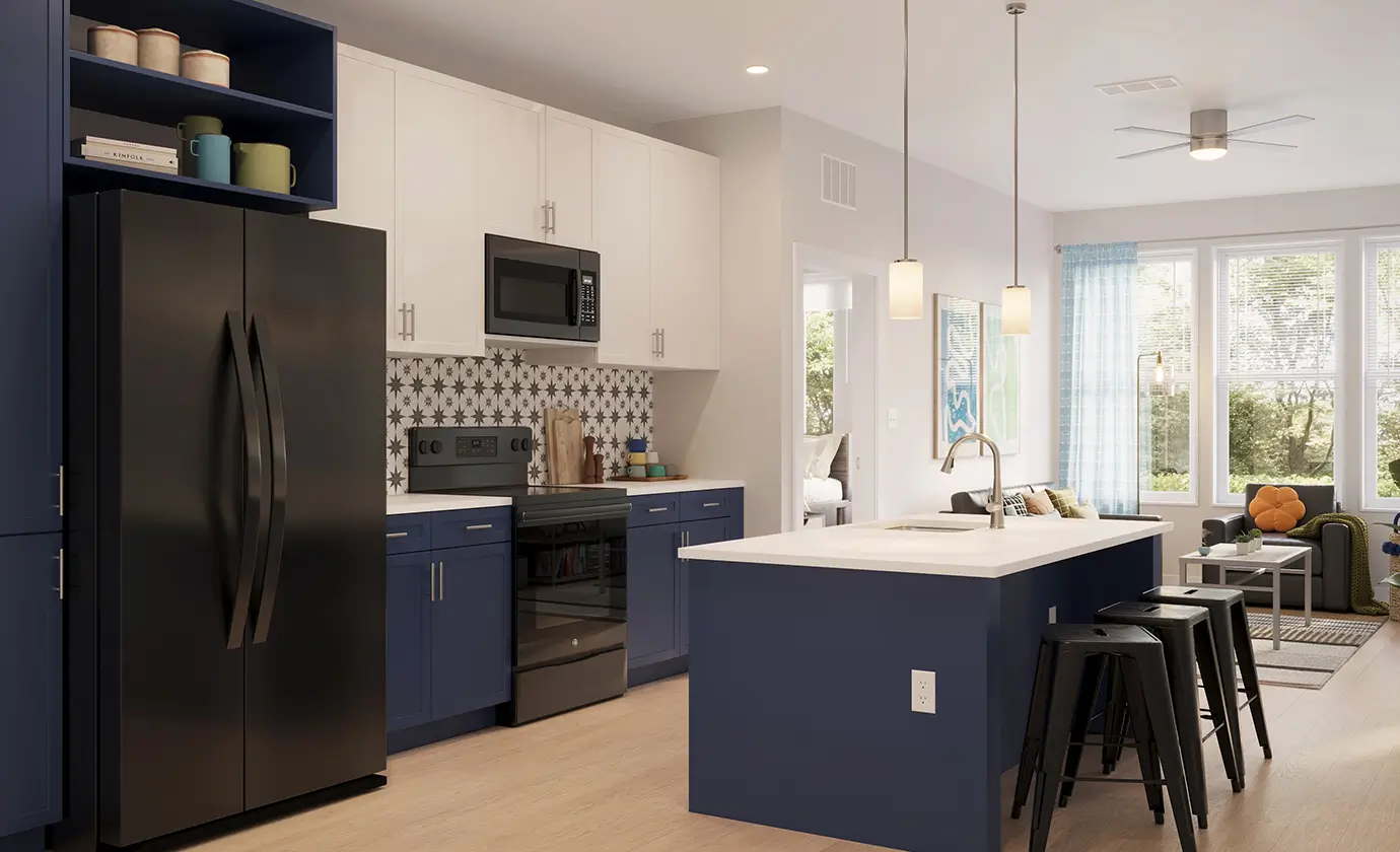 Apartment kitchen with island and bar seating